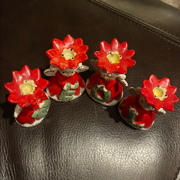 VINTAGE NAPCO NOEL POINSETTIA ANGELS CANDLE HOLDERS #1628 JAPAN - Picture 7 of 10